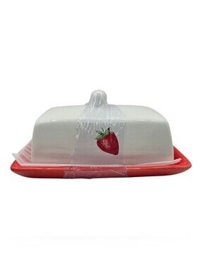 NWT White/Red Strawberry Ceramic Butter Dish With Handled Lid Red Plate